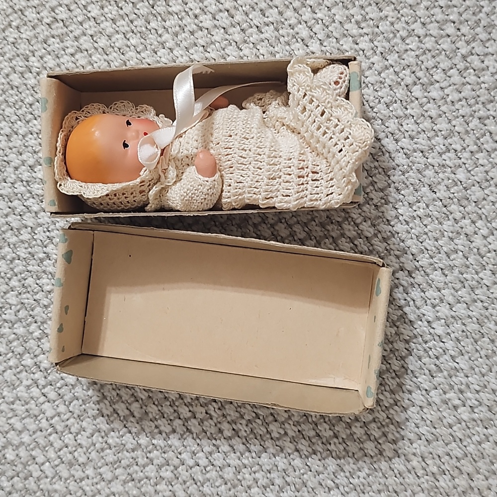 Vintage K&H USA Painted Bisque Baby Doll Storybook Type in heart box